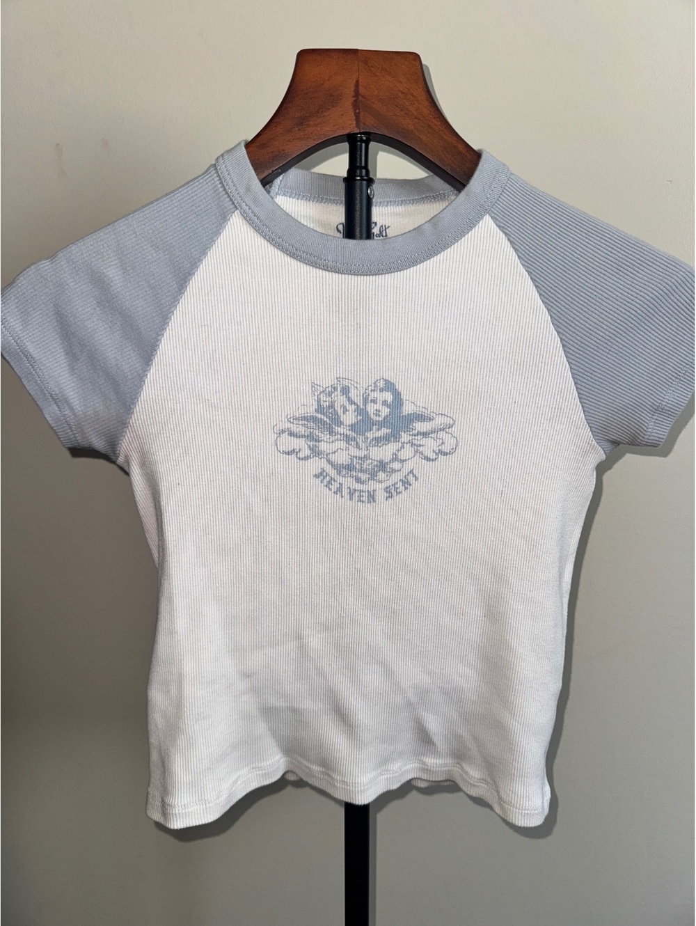 Angel Baby Tee Blue White Raglan Top Y2K 100% Cotton